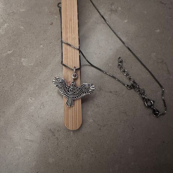 Sterling Silver Tribal Thunderbird Necklace with Black Rhodium Box Chain - Picture 3 of 5